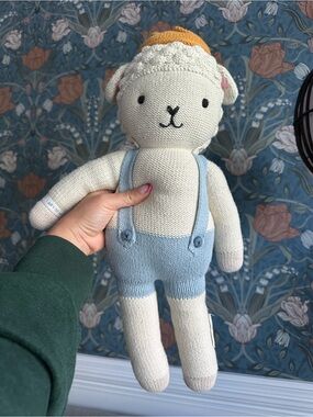 Cream Knit Lamb Plush with Light Blue Overalls